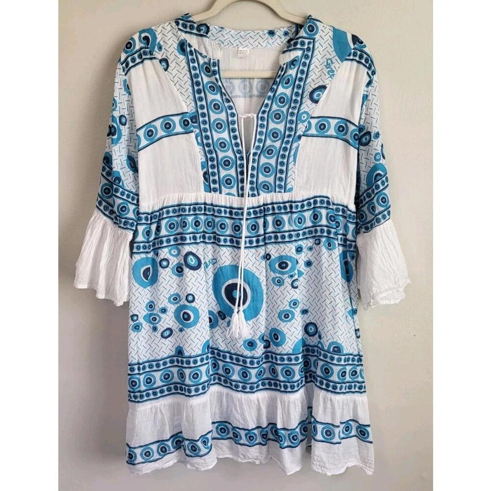 Unbranded Swim Cover Up Dress V Neck Blue White Stretch Waist Bell 3/4 Sleeves